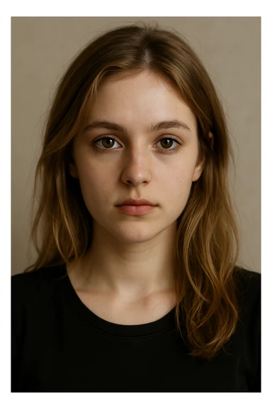 portrait of a white girl with dirty blond hair, hazel eyes, wearing a black top, neutral background sticker