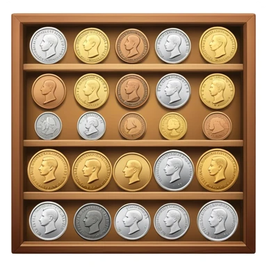 Icon for Coin Collecting: a collection of various vintage and modern coins, neatly arranged in a display case or on a table. The icon should highlight the diversity and historical value of coin collecting. Transparent background. sticker