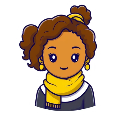 boho girl with brown skin, long curly brown hair tied high, lemon yellow scarf, round earrings sticker