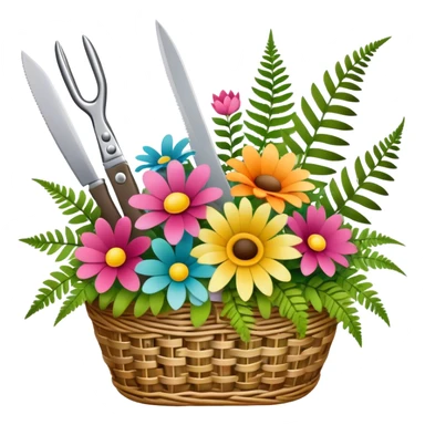 Icon for Floristry: a woven basket with flowers, reeds, ferns, bright ribbons and a small plush toy. Add big garden scissors and knife above. The icon should represent creativity in flower arrangement and decorative design. Transparent background. sticker