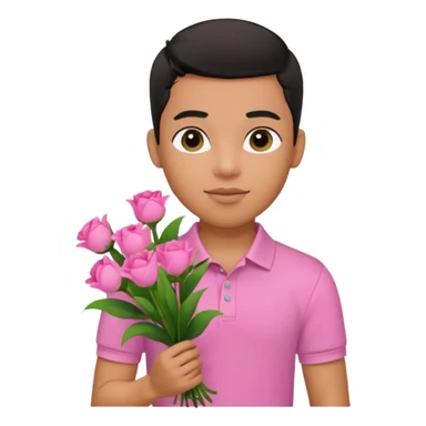 generate a pretty bratz boy wearing a pink polo shirt. Black middle part hair. handsome carrying flowers sticker