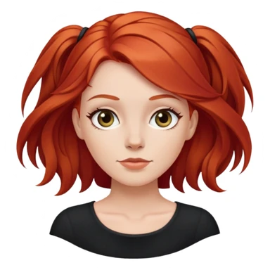 White girl with medium length red hair no bangs, wearing black sticker