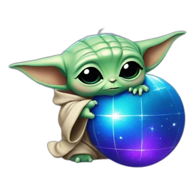 Baby yoda hugging a blue and purple disco ball sticker