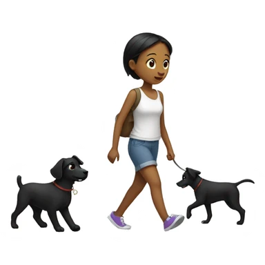 Girl walk with a black dog with white Chest sticker