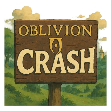 Oblivion logo in fantasy style with the word 'crash' across the front, ghibli style illustration sticker