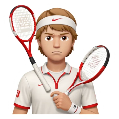A 3D cartoon-style illustration of a male tennis player resembling Andrey Rublev. He is wearing a white tennis shirt with a small logo, a white wristband, and holding a red and white tennis racket. His expression is serious and focused. He has short brown hair and a headband with a small red logo. The style is similar to an Apple emoji or Memoji character – clean, high-quality, slightly exaggerated facial features, and polished rendering. White background.
 sticker