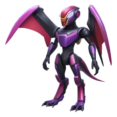 a shiny metallic black-purple-red-yellow Genesect-Flygon-Raptor-Fakémon-Medabot-hybrid with a futuristic visor-helmet full body sticker