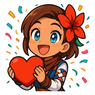 Azucena from Tekken 8 in chibi sticker style, excited with confetti in a celebration pose, designed for Twitch emote use. sticker