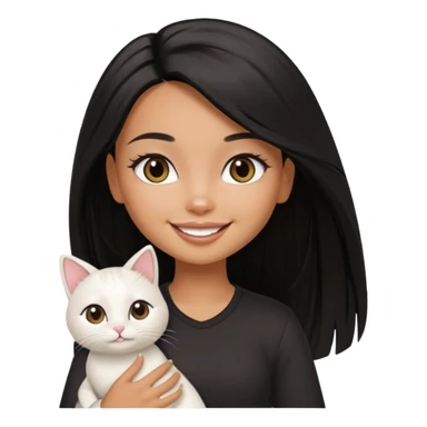 a pretty tan bratz girl with black long straight hair smiling and holding a white cat\ sticker
