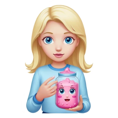 Blonde girl with blue eyes holding jar of pink slime sticker