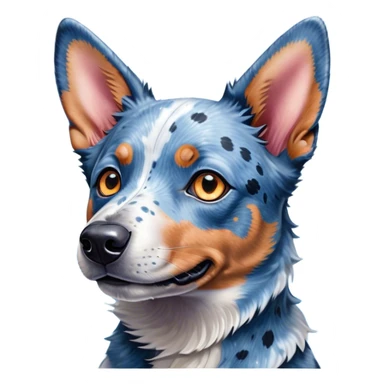 Cinematic Cute Blue Speckle Australian Cattle Dog Portrait Emoji, Head tilted playfully and inquisitively, featuring a vibrant blue speckle Fur with dynamic patterns, round, sparkling blue eyes filled with curiosity, Simplified yet irresistibly adorable features, highly detailed, glowing with a warm, friendly glow, high shine, affectionate and energetic, stylized with a touch of whimsy, bright and endearing, soft glowing outline, capturing the essence of a mischievous yet loving pup, so playful it feels like it could bound out of the screen and into your arms! sticker