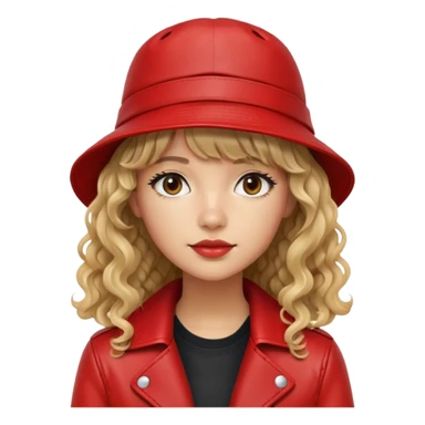 Young woman, long curly/wavy hair with fringe, red leather jacket, black bucket hat, tan skin tone  sticker