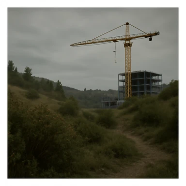  a scene amongst hills and bushes in the game DAYZ with a construction site and tall yellow crane in the background, screenshot, overcast day, videogame graphics, enfusion engine, arma 2 sticker