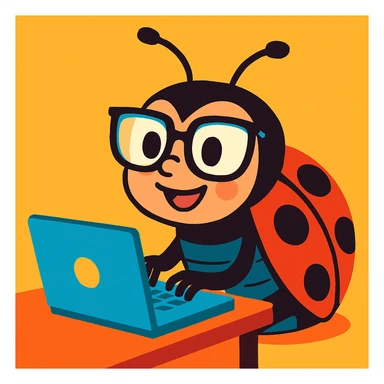 a nerdy ladybug with glasses typing on a laptop, cartoon style, vibrant toon, colorful, playful, cheerful sticker
