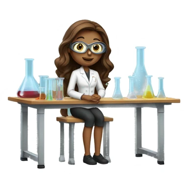 Woman with straight long brown hair wearing small clear goggles in a lab class with a traditional bench and beakers  sticker