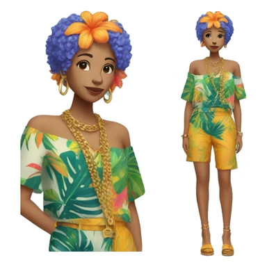 Person wearing funky tropical outfit collage with gold chain necklace and blue and ginger dyed hair sticker