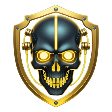 Cyberpunk shield, skull with cybernetic implants, glowing wires, dark electric gold and black tones, no background sticker