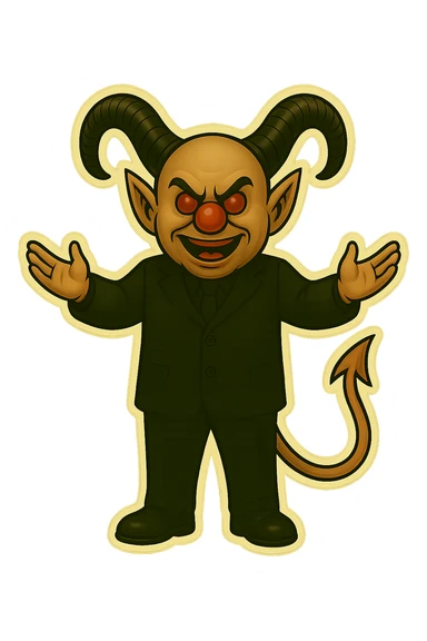 Evil clown wizard in retro sticker style, transparent background, arms outstretched as if welcoming, wearing an all black suit, no pentagrams. Use the reference images for face, horns, and tail. sticker