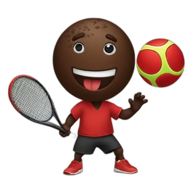 A chocolate colored doodle wearing a red and black handkerchief juggling three tennis balls sticker