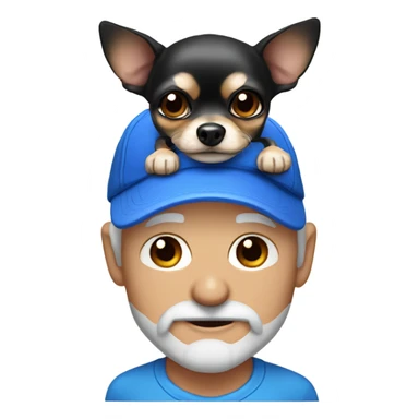 Old man with blue eyes goatee beard ball cap holding cute black long fur Chihuahua sticker