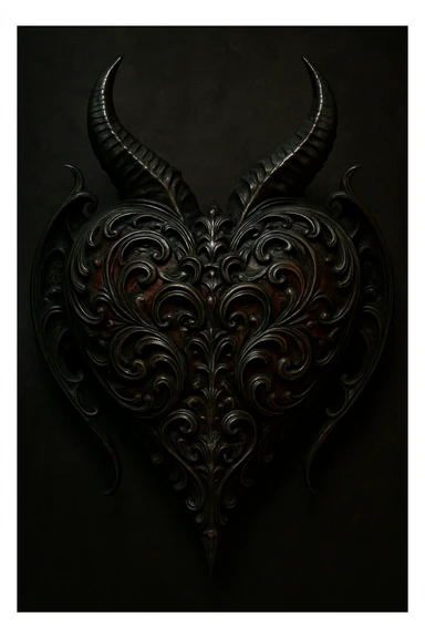 Create a gothic devil heart with even more intricate, baroque details, using a black and deep red palette. The lighting should be dramatic, and the design ornate and mysterious. sticker