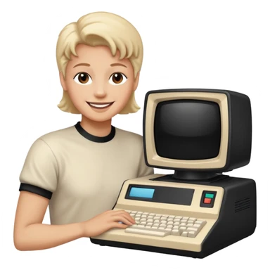 White and black 80s computer with face sticker