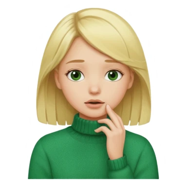blonde girl has sore throat in green sweater with hand on throat sticker