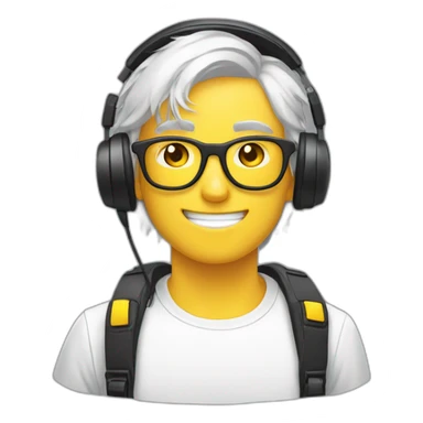 2d sticker emoji of a 18 year old guy wearing headset, white hair, yellow gamer glasses, facing the camera sticker