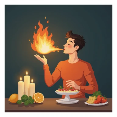 modern style 4K symbolic illustration of a man blowing out candles with a flame (metabolism) reducing, a scale and healthy foods appearing beside him sticker