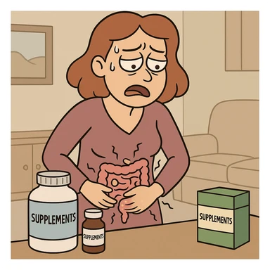 woman with intestinal dysbiosis caused by wrong supplementation, educational cartoon style, suffering expression, simplified clinical details, home environment, visible supplement packages sticker