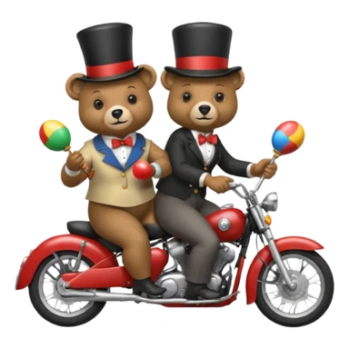 A bear wearing a top hat and holding maracas while on the back of an old lady who is driving a motorcycle sticker