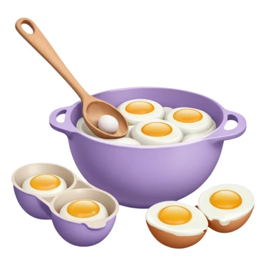 a lilac ceramic mixing bowl with a wooden spoon stirring and sitting next to it is a dozen eggs with the carton lid open sticker