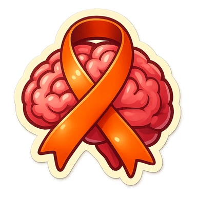 ribbon wrapping a brain, symbol of care for the psyche, retro sticker style, clear contours, shadows and highlights, psychosomatics theme sticker