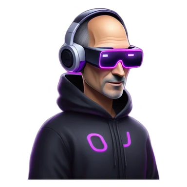 Steve Jobs wearing a black hoodie with "OMG" letters on it and VR headset in a cyberpunk VR environment with violet neon lighting. sticker