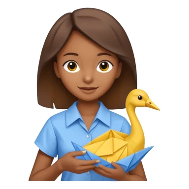happy-african-young-girl-with-brown-hair-in-a-white-vintage-kanga-shirt-holds-an-origami-yellow-and-blue-crane sticker