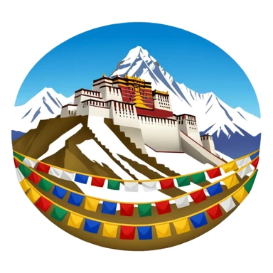 Tibet emoji featuring the Potala Palace, a snow-capped mountain, and prayer flags, capturing Tibetan culture and spirituality in a simple, harmonious emoji style sticker