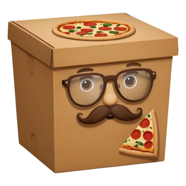 pizza take-out box with glassess and mustache sticker