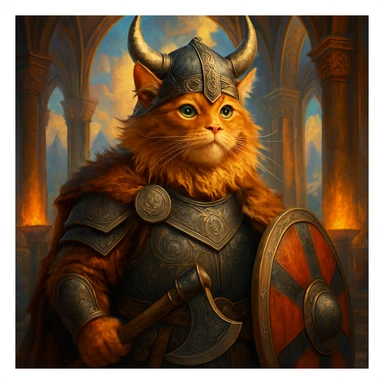heroic Viking ginger cat in Valhalla, detailed, epic, vibrant colors, fantasy style sticker