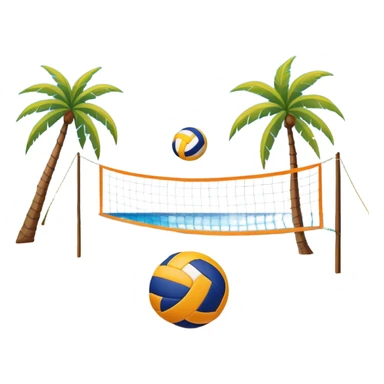 The scene captures a sunny sea beach atmosphere with clear blue sea and sky, palm trees swaying. A volleyball resting on the orange sand ground of a beach, with a volleyball net in the background.  sticker