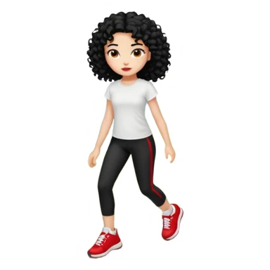 generate a pretty bratz fair skinned girl with curly black hair wearing a white tshirt trekking on a hill with red sneakers on and black leggings.  Put a hill behind her sticker
