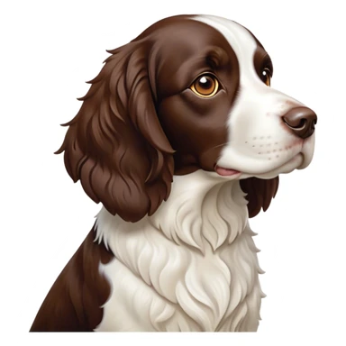 Cinematic Noble Springer Spaniel Portrait Emoji, Poised and regal, with a medium build and a glossy, well-groomed Fur of rich liver and white, deep-set soulful brown eyes, Simplified yet sharp and sophisticated features, highly detailed, glowing with a soft, dignified glow, high shine, intelligent and alert, stylized with an air of grace, focused and attentive, soft glowing outline, capturing the essence of a watchful and confident companion, so majestic it feels as though it could bound out of the screen with effortless authority! sticker