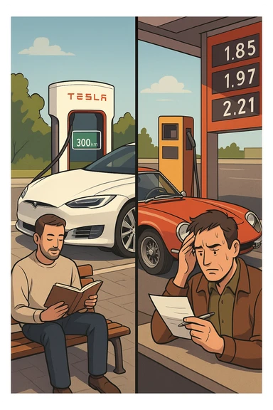 "Tesla Model S at charging station with owner reading book peacefully, battery indicator showing sufficient charge for 300km journey, versus vintage Italian sports car at gas station with owner anxiously calculating fuel costs, pump prices visible showing expensive gasoline, stress lines on traditional car owner's face, modern vs classic automotive philosophy clash" sticker