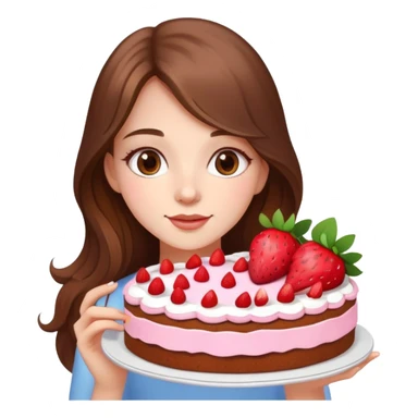 A beautiful girl with long brown hair and flowers holding a strawberry cake sticker