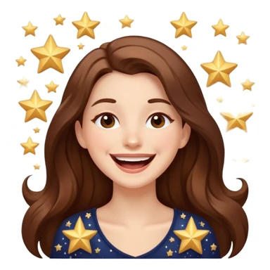 woman with long brown hair laughing with stars and sparkles, light beige sticker