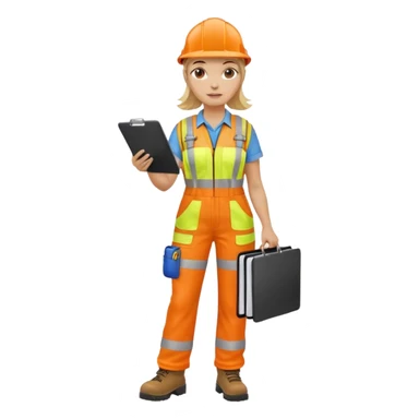 woman in orange hi vis overalls and boots holding a clipboard, walking sticker