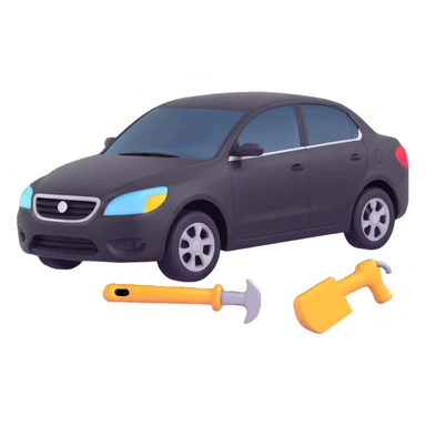 icon of a car with a visible dent from a crash and dent repair tools like a lever and small hammer sticker