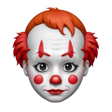 passport photo of a sad clown emoji, white face paint, red nose, classic makeup with frown and drooping eyebrows, multiple tears, short tufted faded red hair, polka-dotted costume in muted tones, glossy 3D look, centered, white background sticker