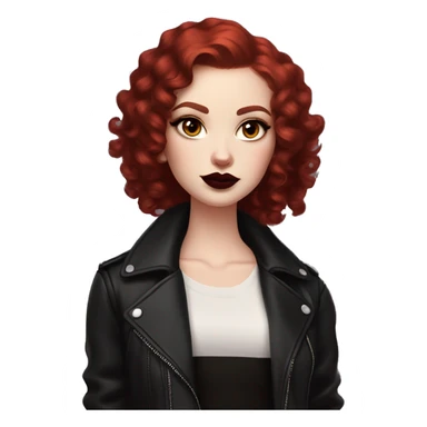 Girl with very pale skin, bright red curly short hair with a side part, black cat-eye makeup, dark maroon blush and lipstick.  Her eyebrows are dark, arched and very high.  Hazel eyes. Big lips. Thin. Wearing a black biker jacket. Holding a black cat sticker