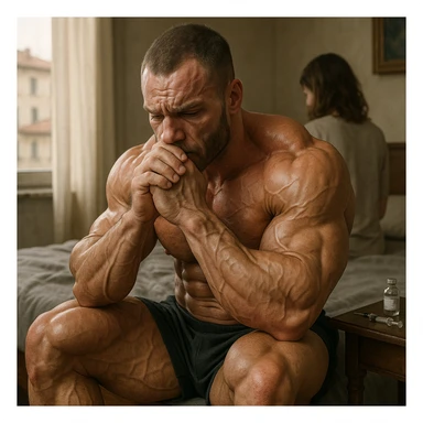  bodybuilder che fa cicli senza base di testosterone, con problemi intimi legati alla coppia, iper realistica, in italiano se usi testo sticker