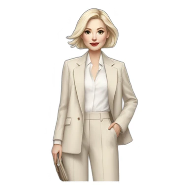 pale skin woman with ash blonde Straightened bob Hair, White Spacious classical jacket, beige palazzo Arrow pants and gray blouse holding a color palettes in the hands sticker